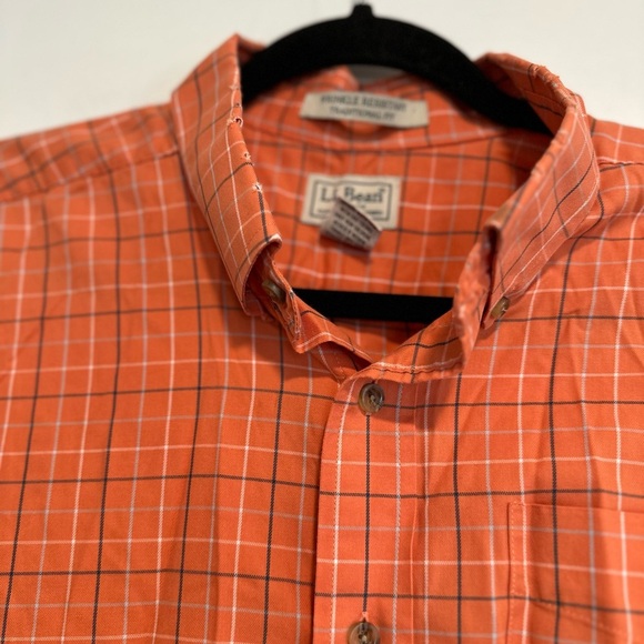 LLBean Mens Large Orange Plaid Traditional Fit Wrinkle Resist Short Sleeve - Picture 9 of 10